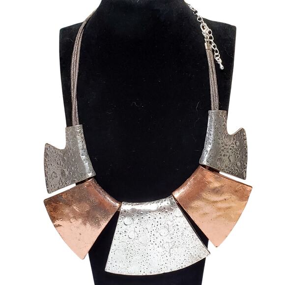 Retro Chunky Hammered Pendant Silver & Copper Tone Necklace Mesh Chain 16" - Picture 1 of 4